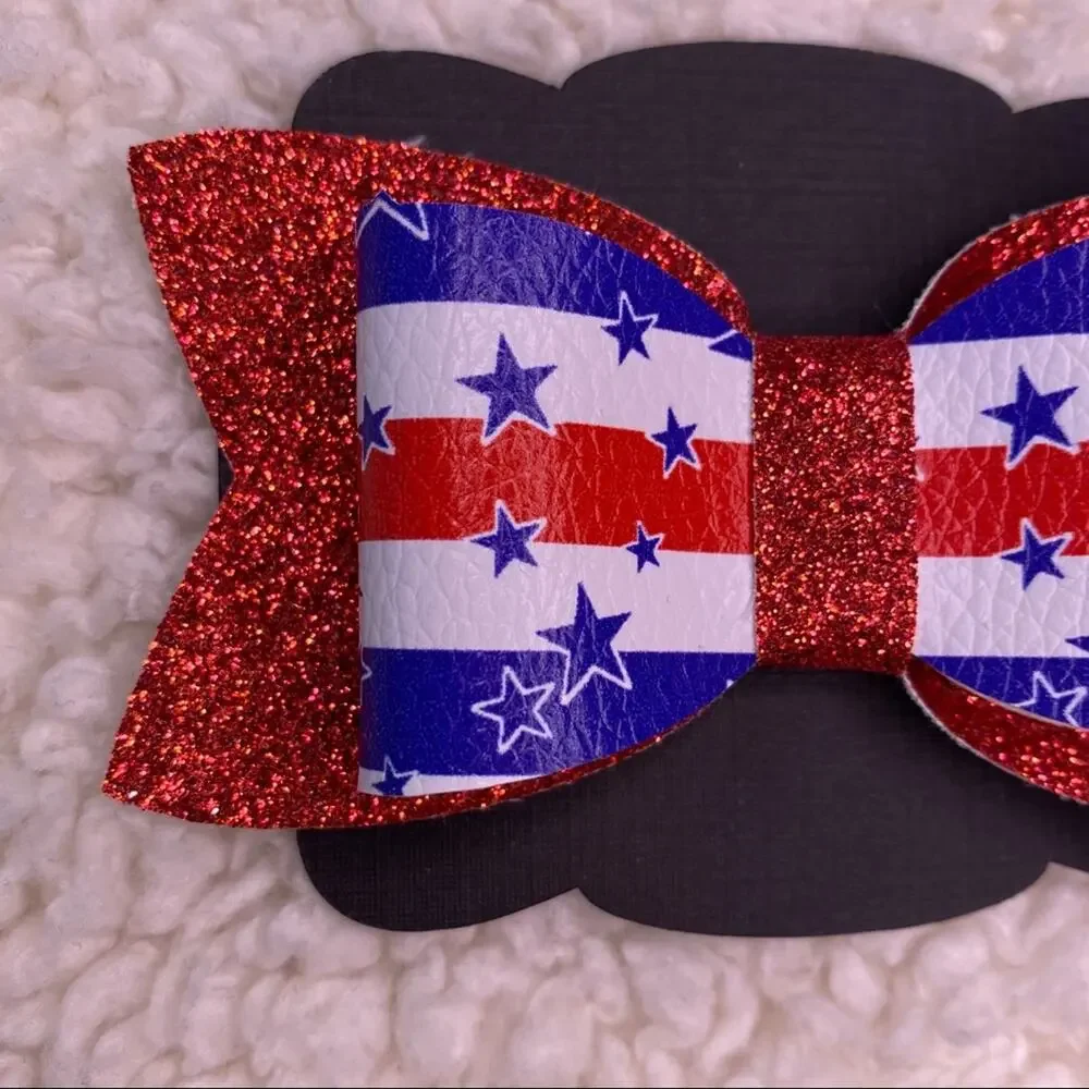4th of July Faux Leather Glitter Small Bow